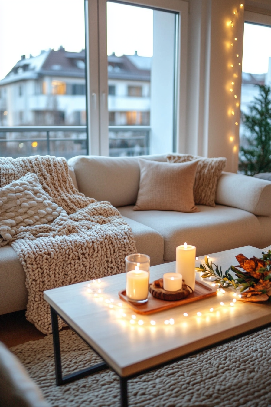 Candles, throws, and warm hues for coziness