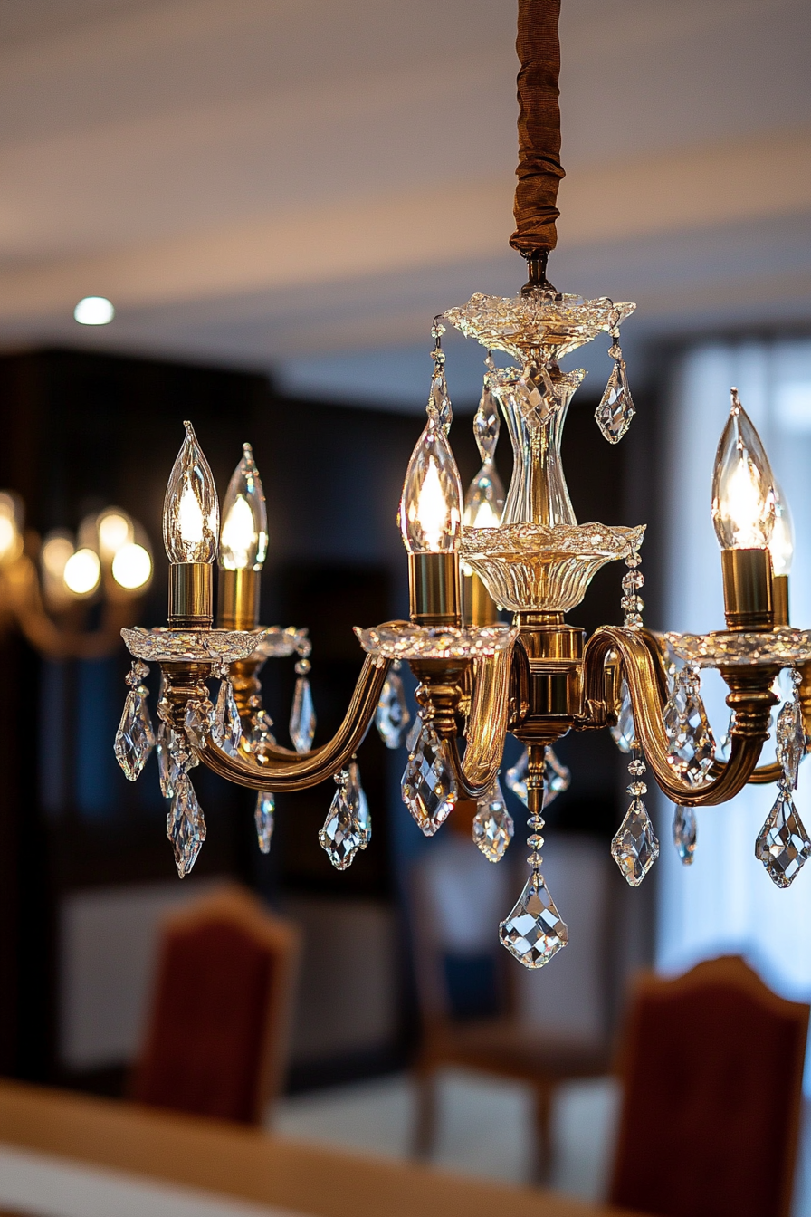 Elegant crystal chandelier with brass accents.