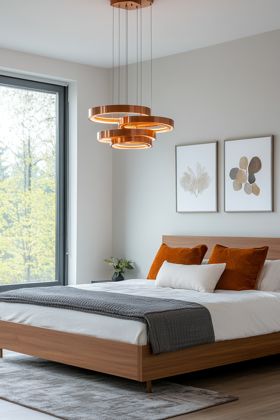Modern chandelier with floating copper circles.