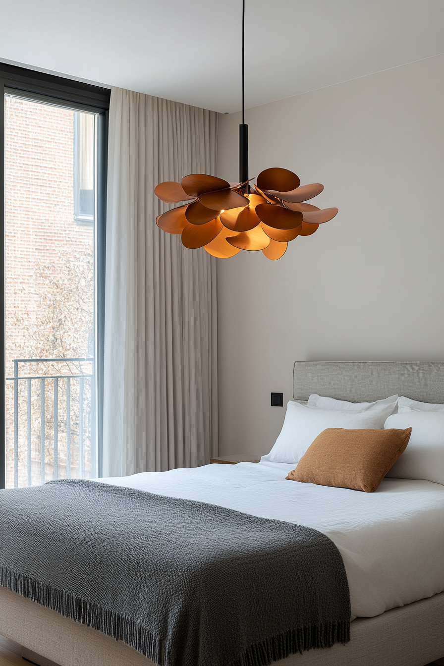 Detailed close-up of floating copper circles.