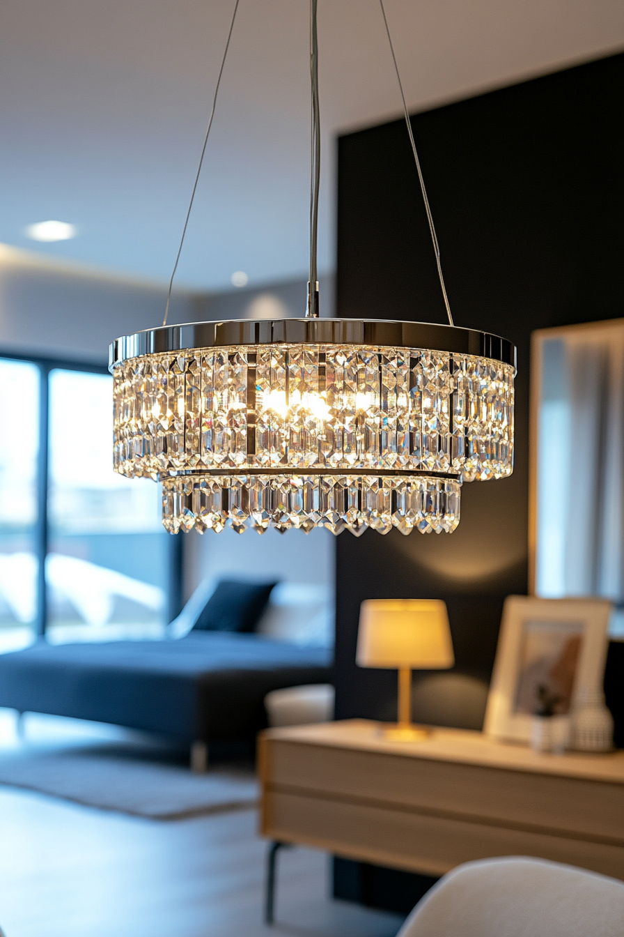 Chrome spiral chandelier with dazzling crystal accents.