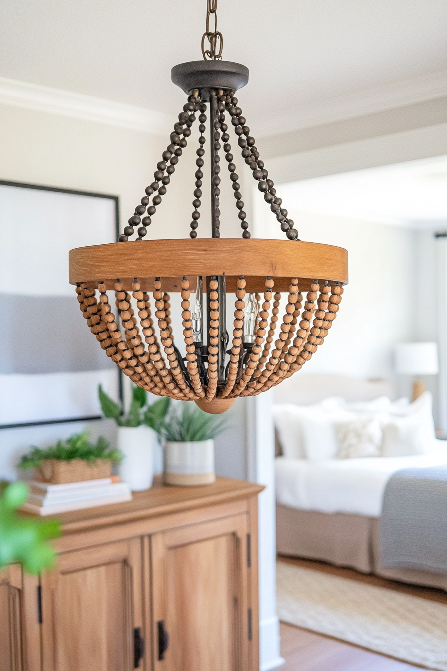 Rustic wooden beaded bohemian chandelier for a relaxed vibe.