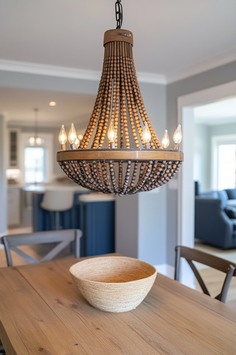 Close-up of wooden beaded detailing on bohemian chandelier.