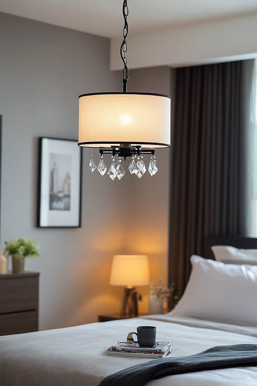 Mini drum shade chandelier with crystal drops.