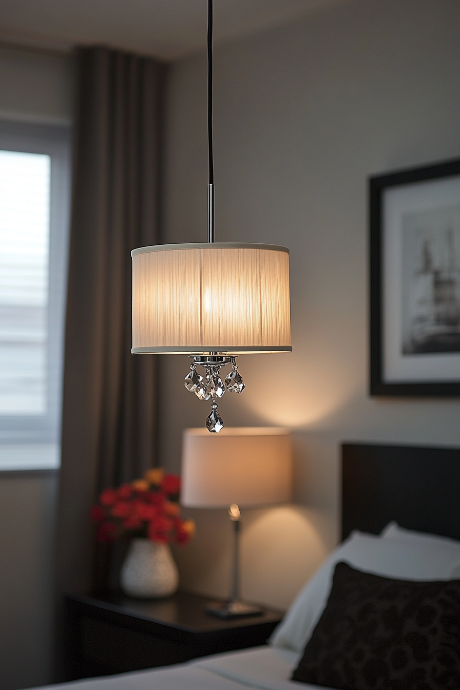 Close-up of crystal drops and drum shade detailing.