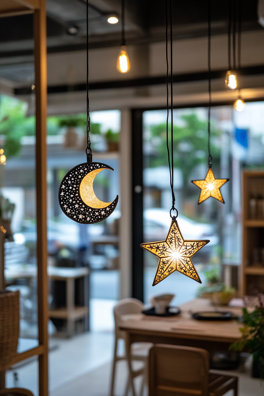 Detailed close-up of moon and stars chandelier design.