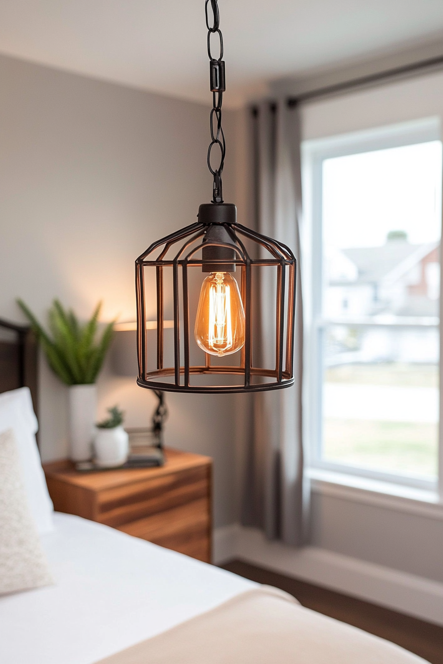 Industrial cage chandelier with exposed Edison bulbs.