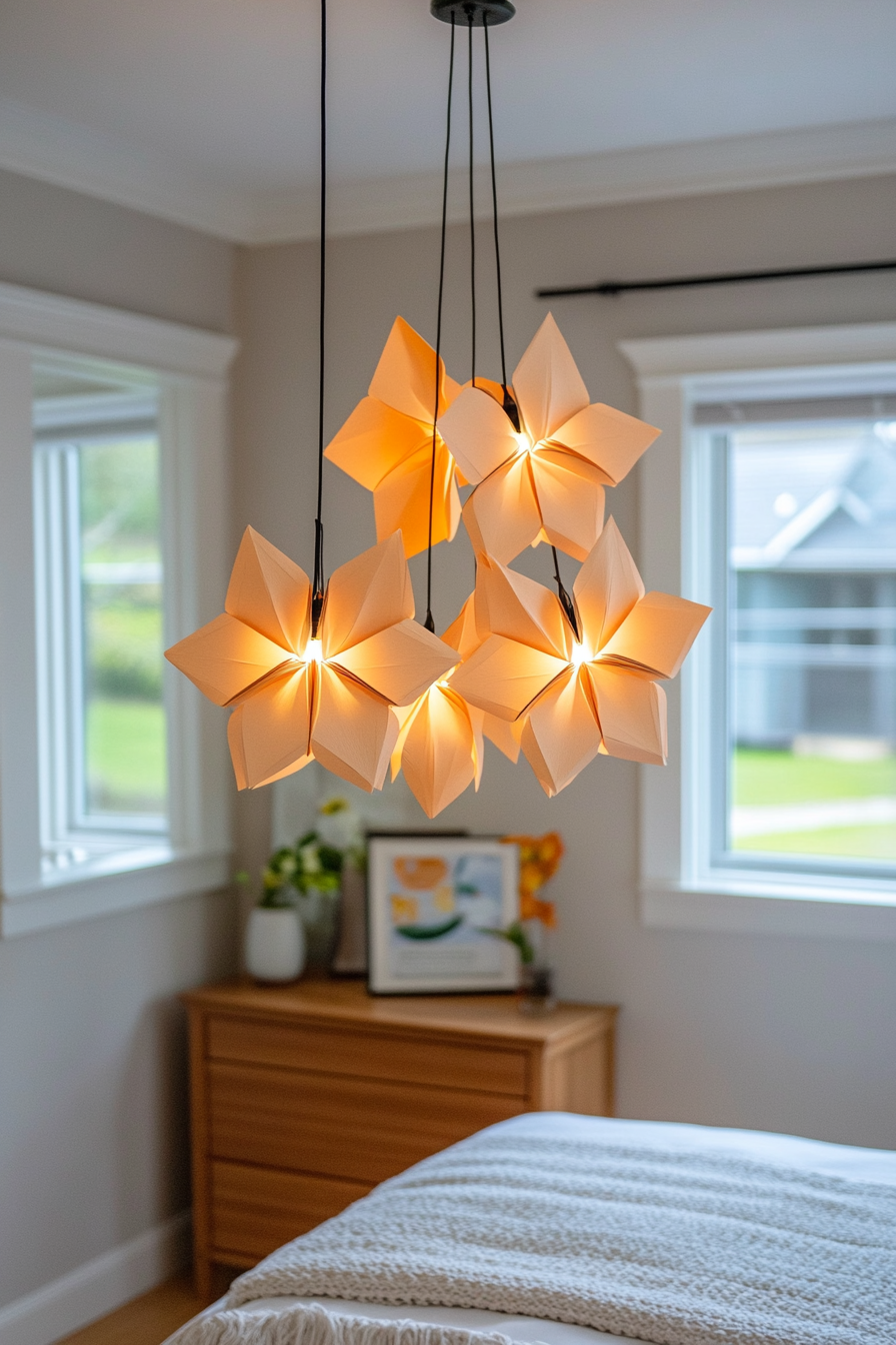 Delicate paper flower chandelier for a soft, artistic touch.