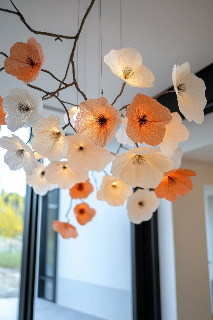 Close-up of paper flower details on chandelier.