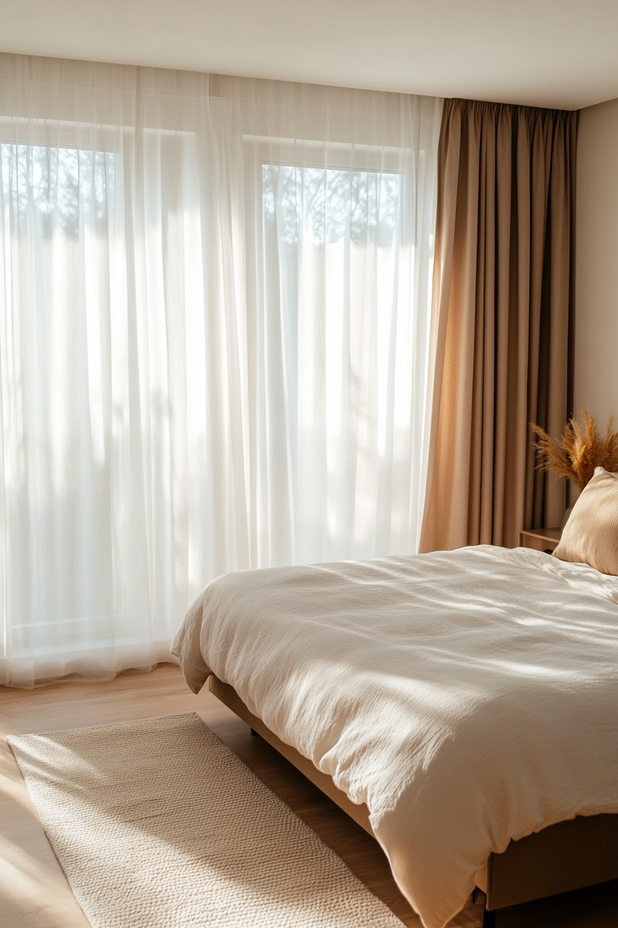 Bright and airy bedroom with floor-to-ceiling white linen curtains