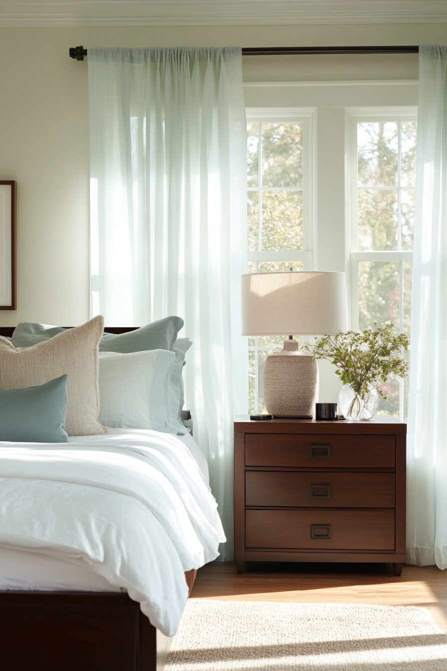 Elegant bedroom with layered sheer curtains in dusty blue