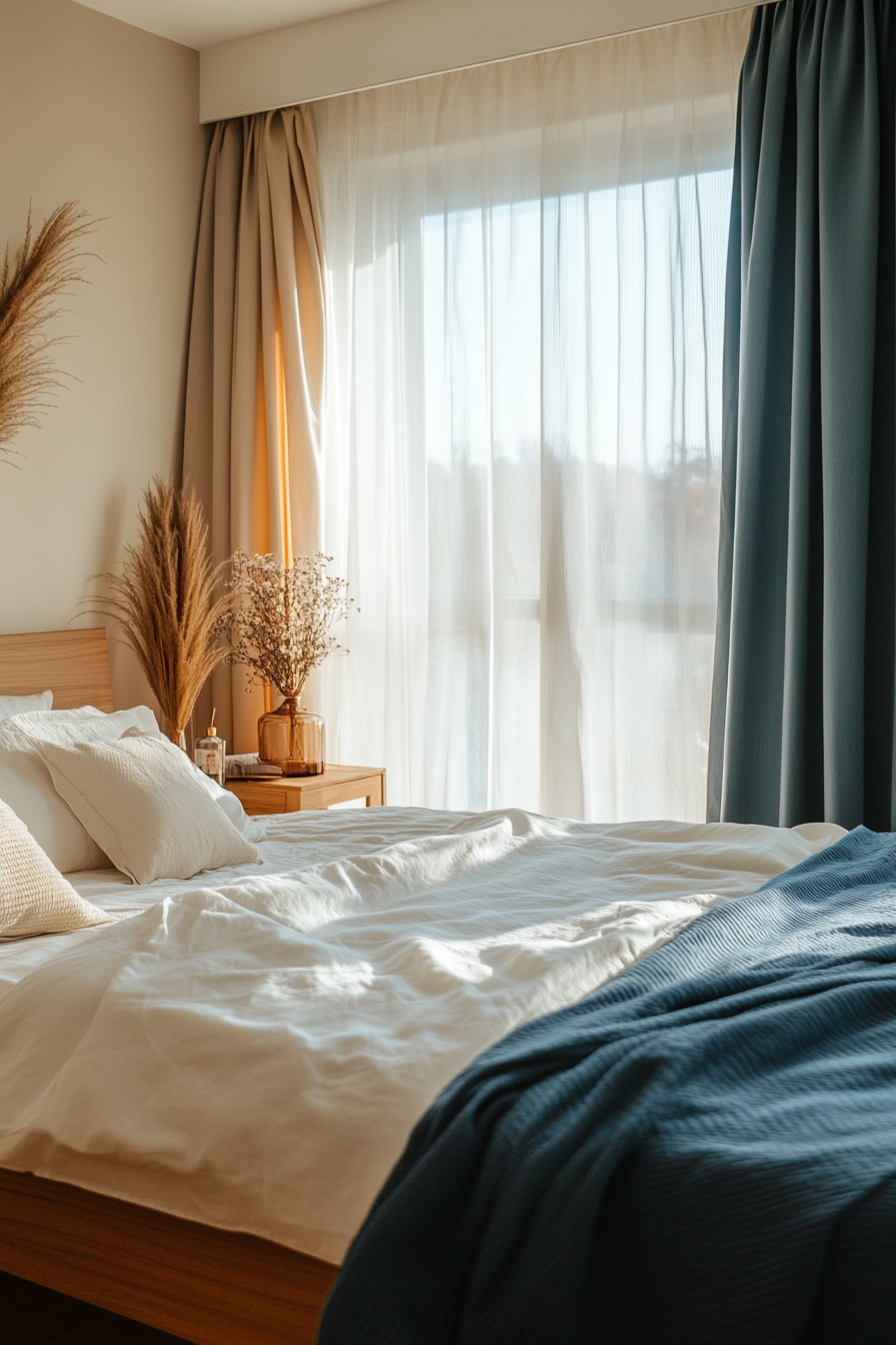 Dusty blue layered curtains creating a serene bedroom setting