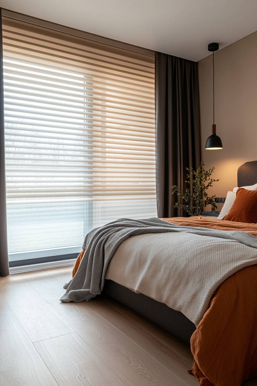 Modern bedroom with smart motorized blinds paired with curtains