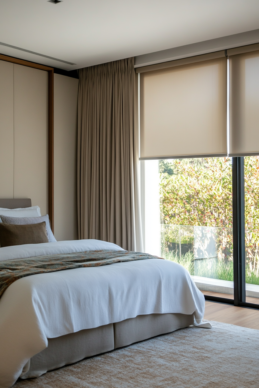 Smart bedroom setup with motorized blinds and soft curtains