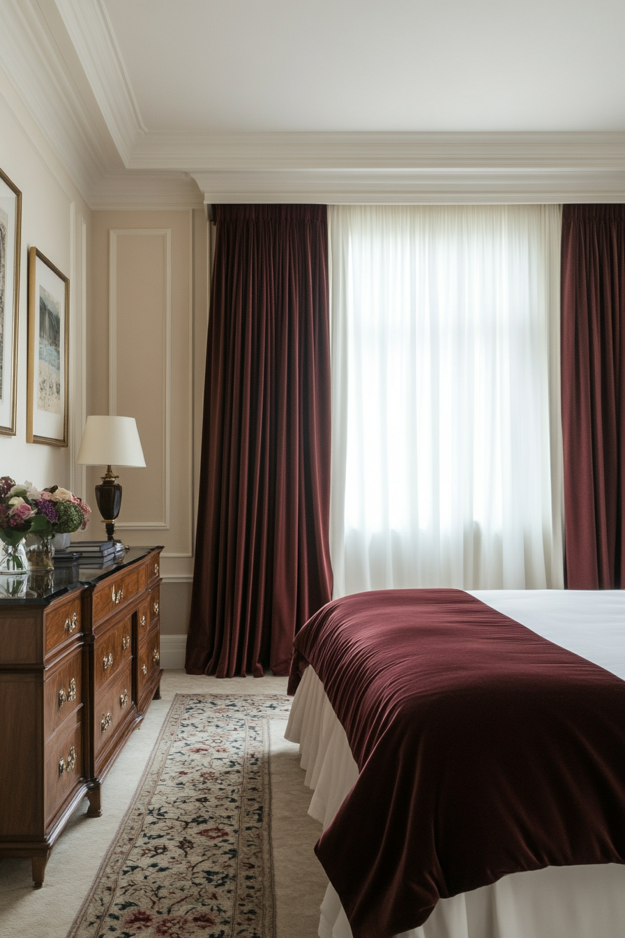 Luxurious bedroom with pinch pleat silk curtains
