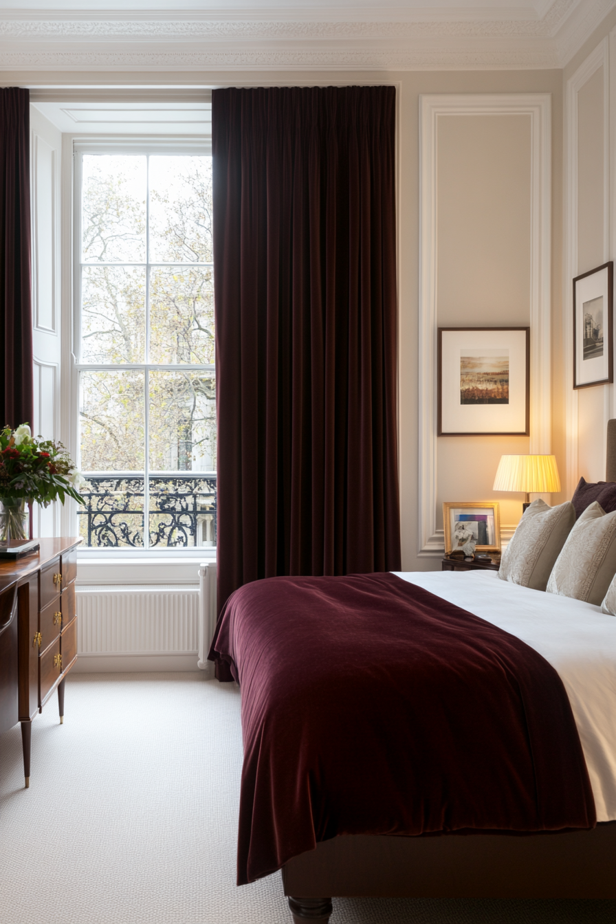 Elegant pinch pleat silk curtains in a classic bedroom