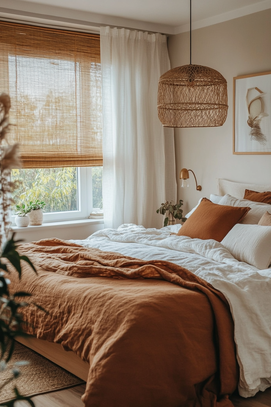Bedroom featuring bamboo blinds layered with linen curtain panels