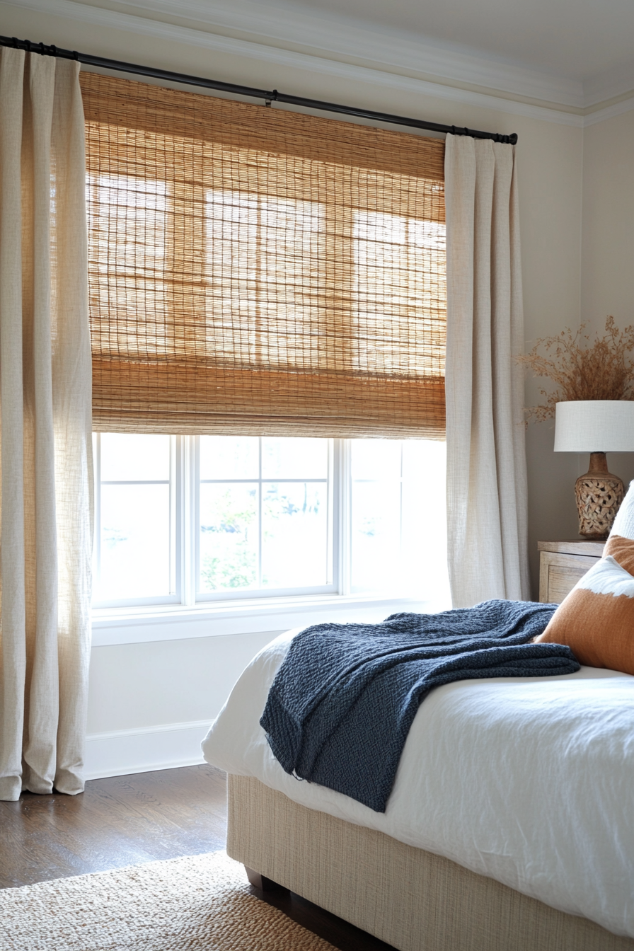Layered bamboo blinds and linen curtains creating a coastal vibe