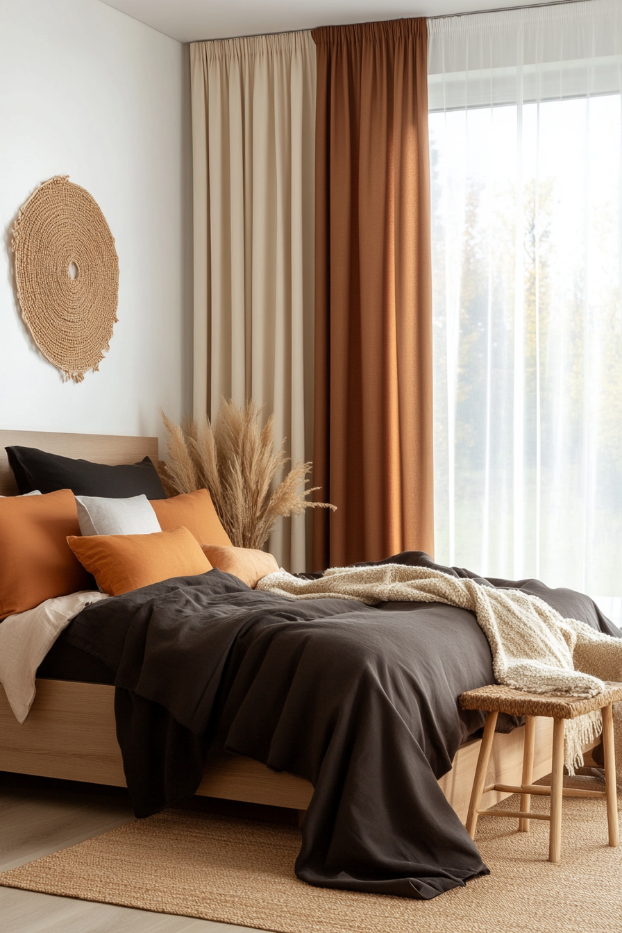 Modern bedroom with color-blocked curtains in earthy shades