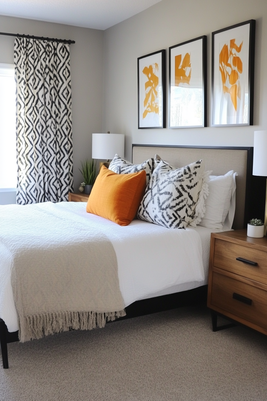 Contemporary bedroom with grommet-top curtains in a modern print