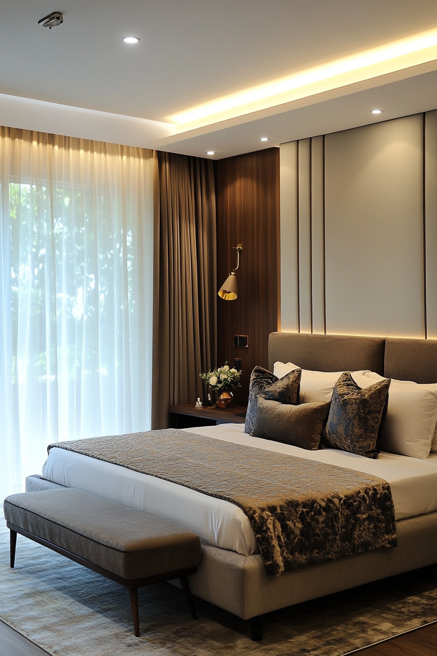 Elegant bedroom with blackout curtains and sheer overlays