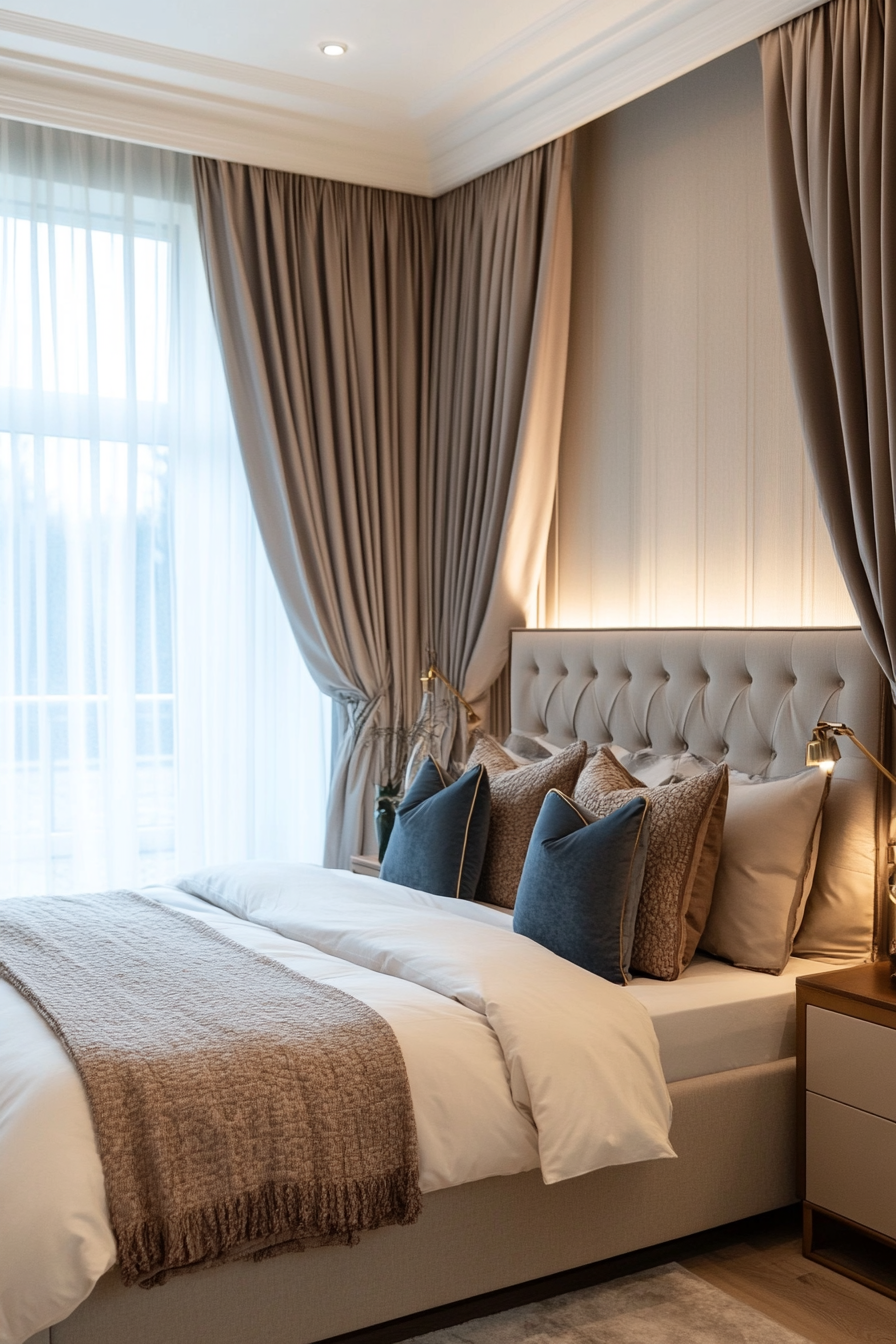 Layered blackout and sheer curtains with a cozy bedroom vibe