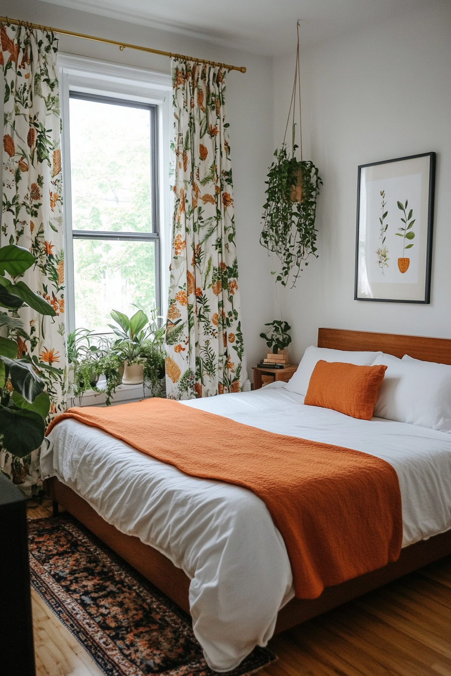 Whimsical botanical print curtains with gold curtain rod