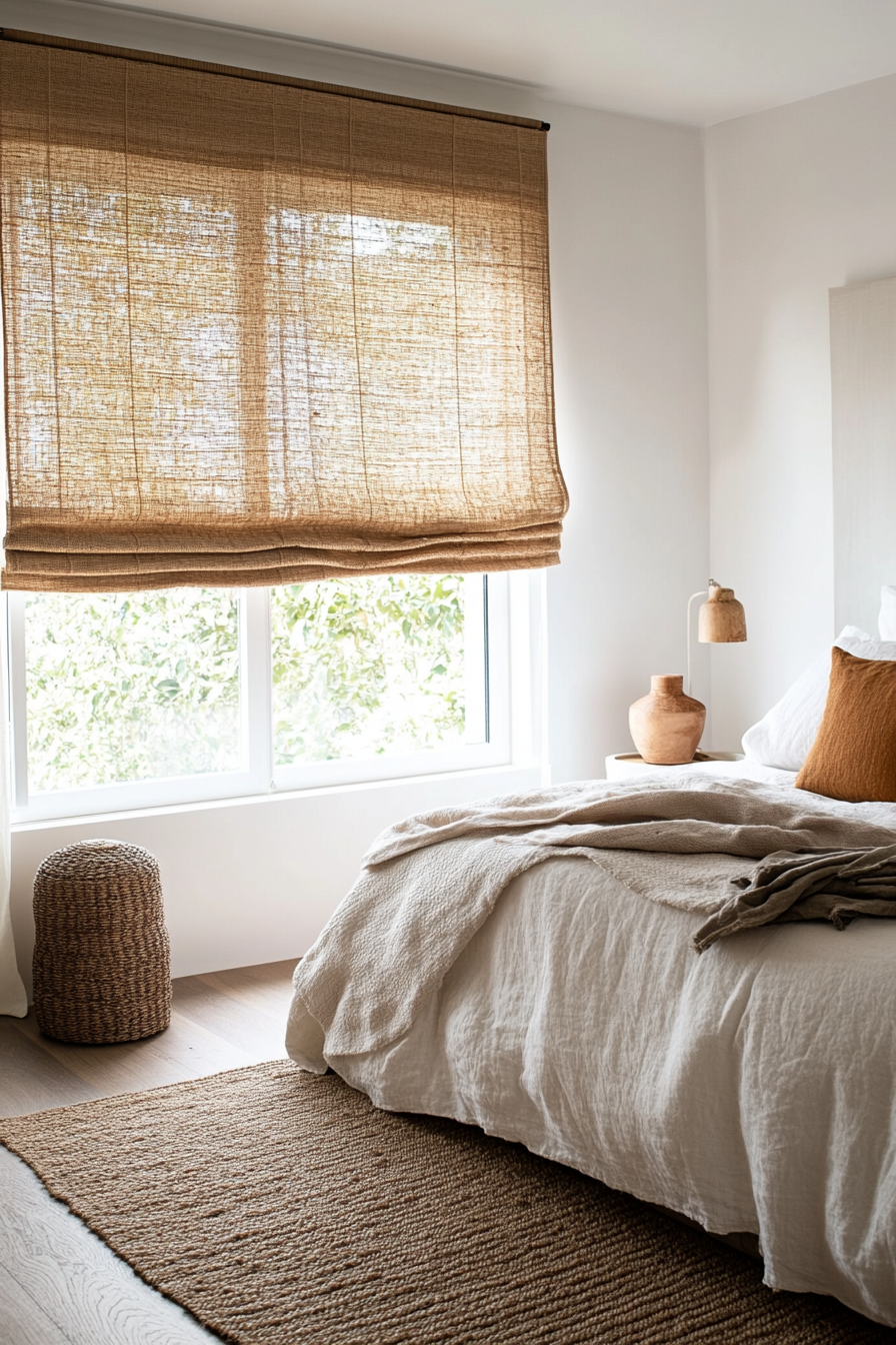 Cozy bedroom with Roman shades in natural woven textures