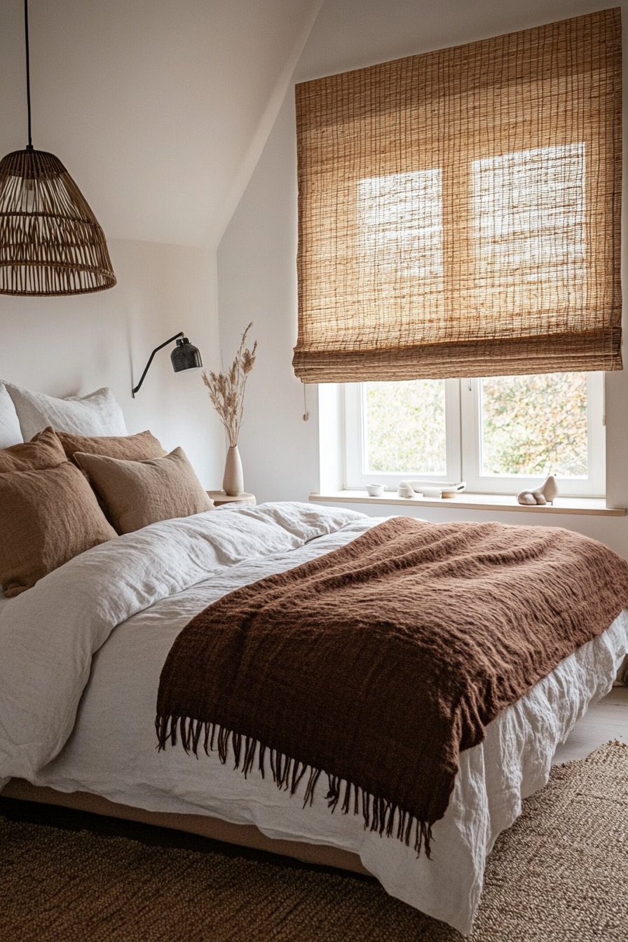 Natural woven Roman shades paired with cozy decor