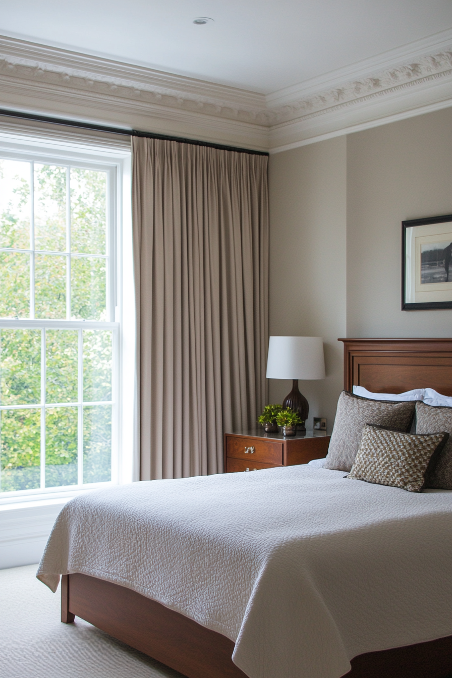 Sophisticated bedroom with a double-rod curtain system and contrasting fabrics
