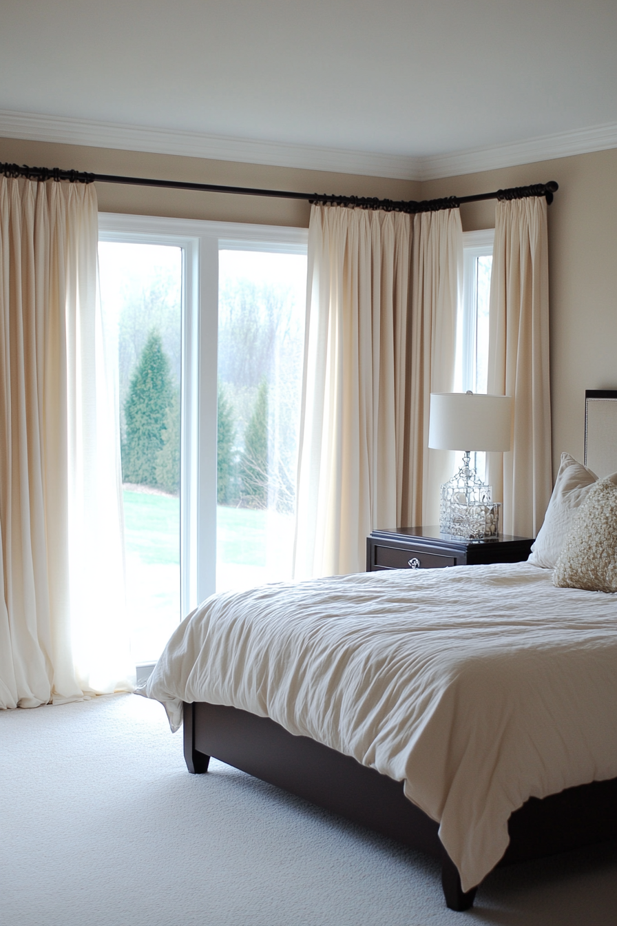 Elegant contrasting curtain fabrics in a double-rod system
