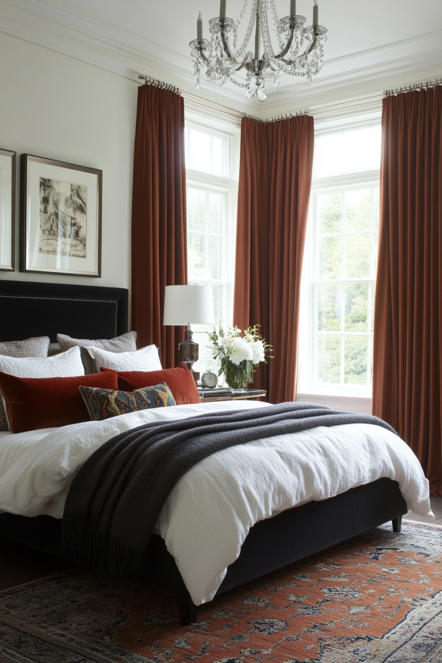 Luxurious velvet drapes with crystal tiebacks in an opulent bedroom
