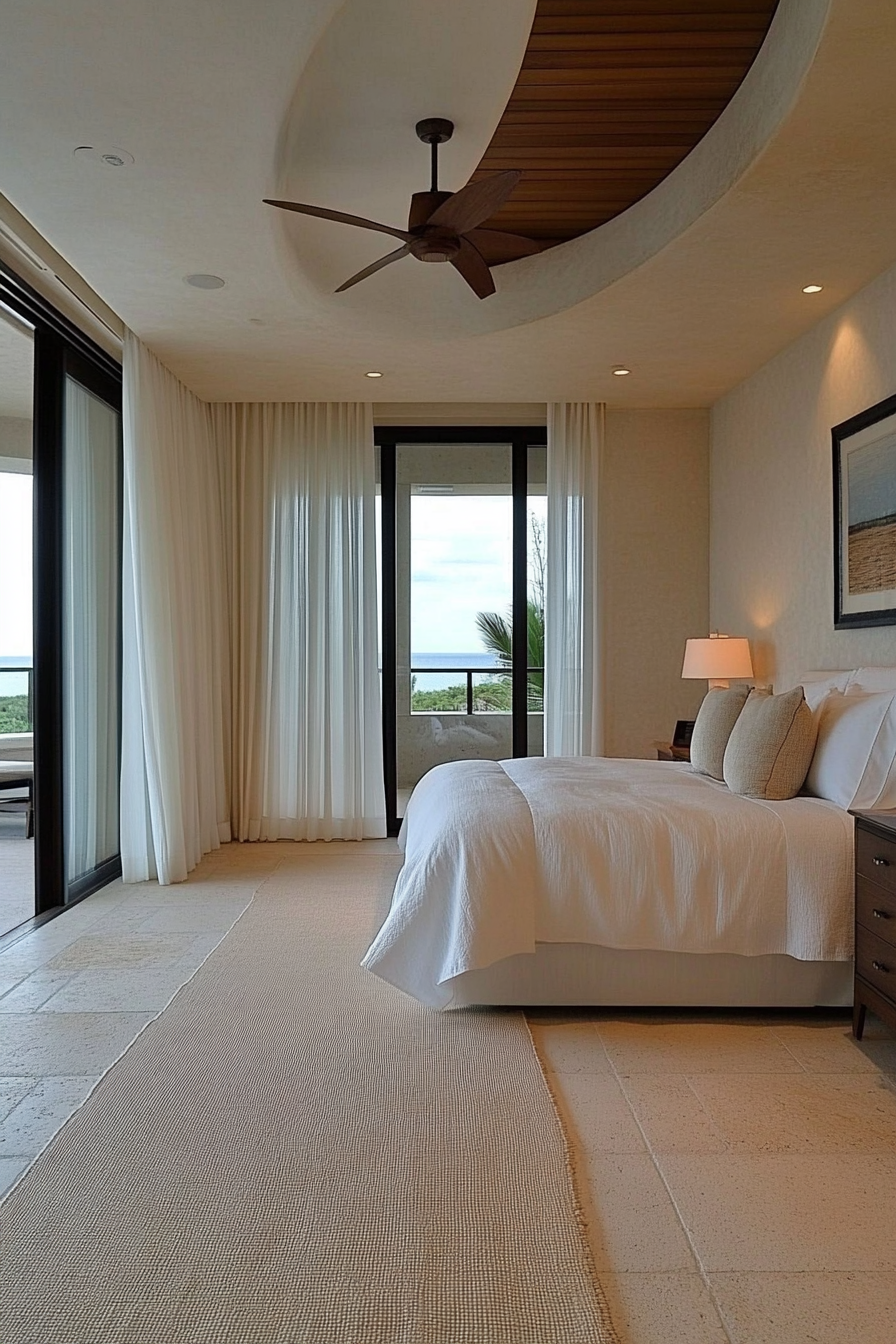 Modern bedroom with minimalist wave fold white curtains