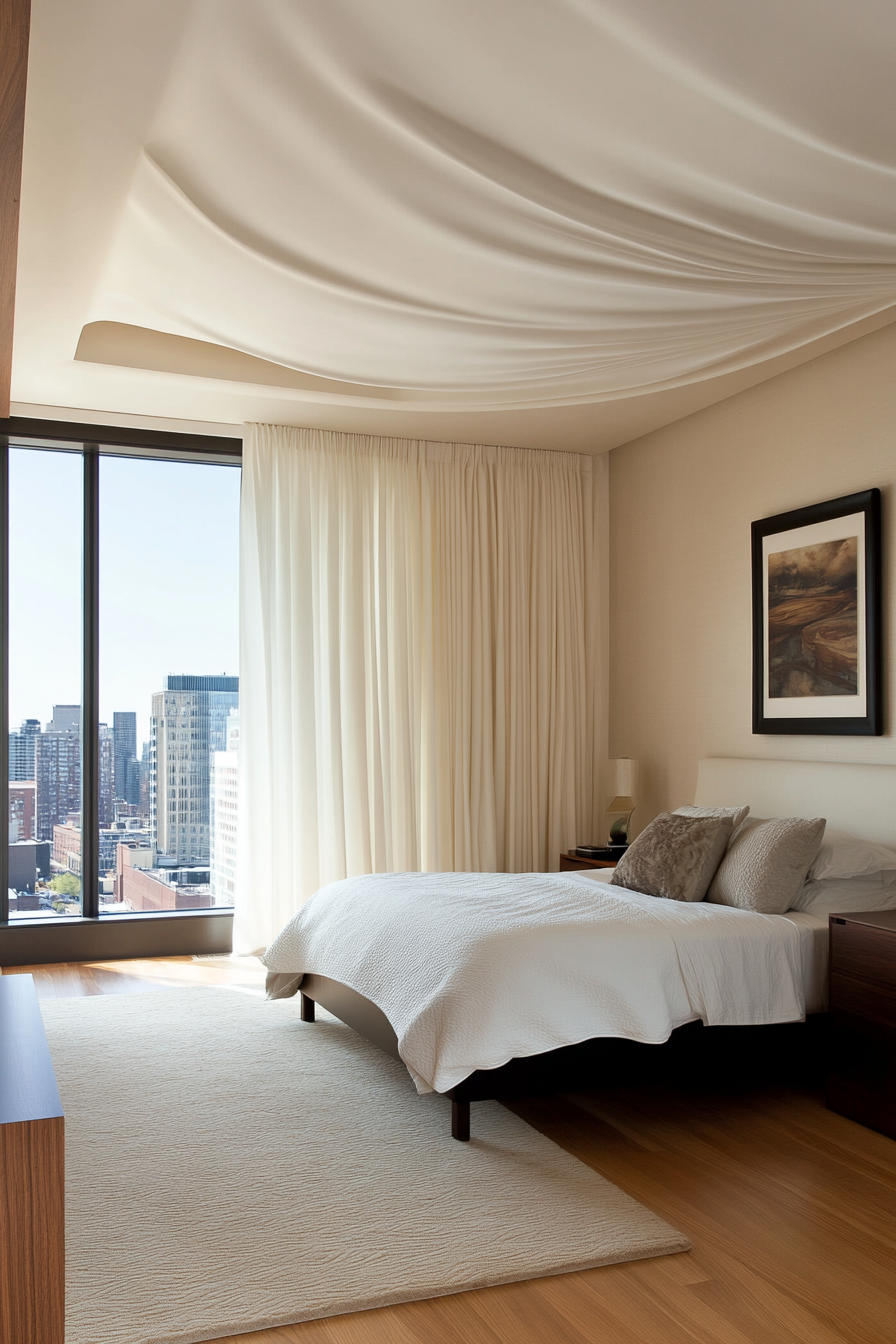 Minimalist bedroom featuring clean wave fold curtains