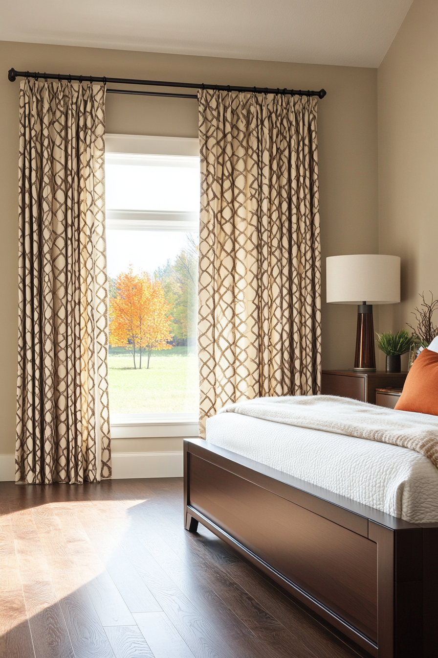 Modern bedroom featuring curtains with geometric metallic patterns