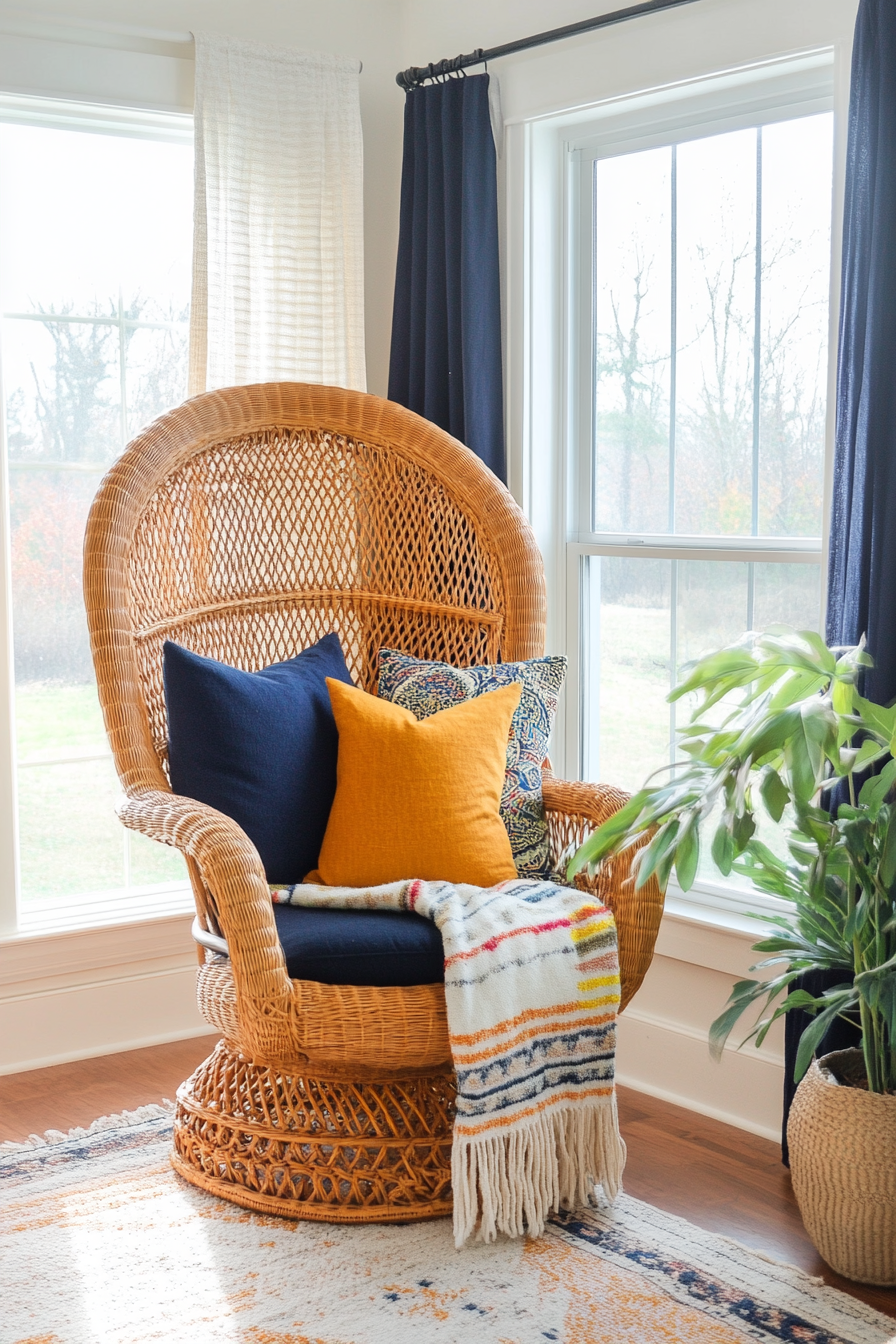 Wicker peacock chair styled in a cozy boho farmhouse bedroom reading nook
