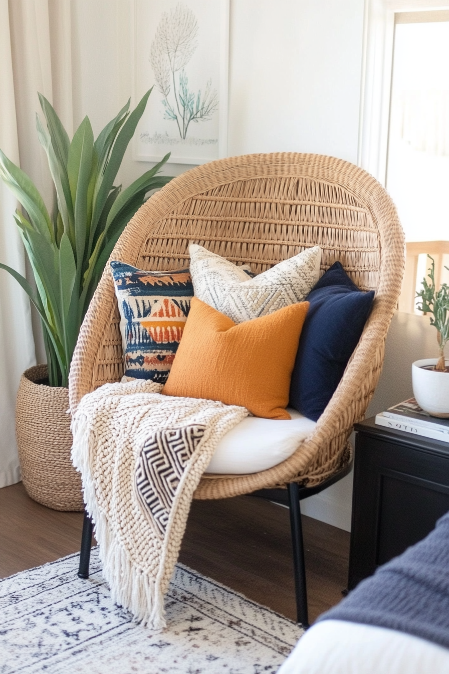 Close-up of peacock chair with pillow and throw