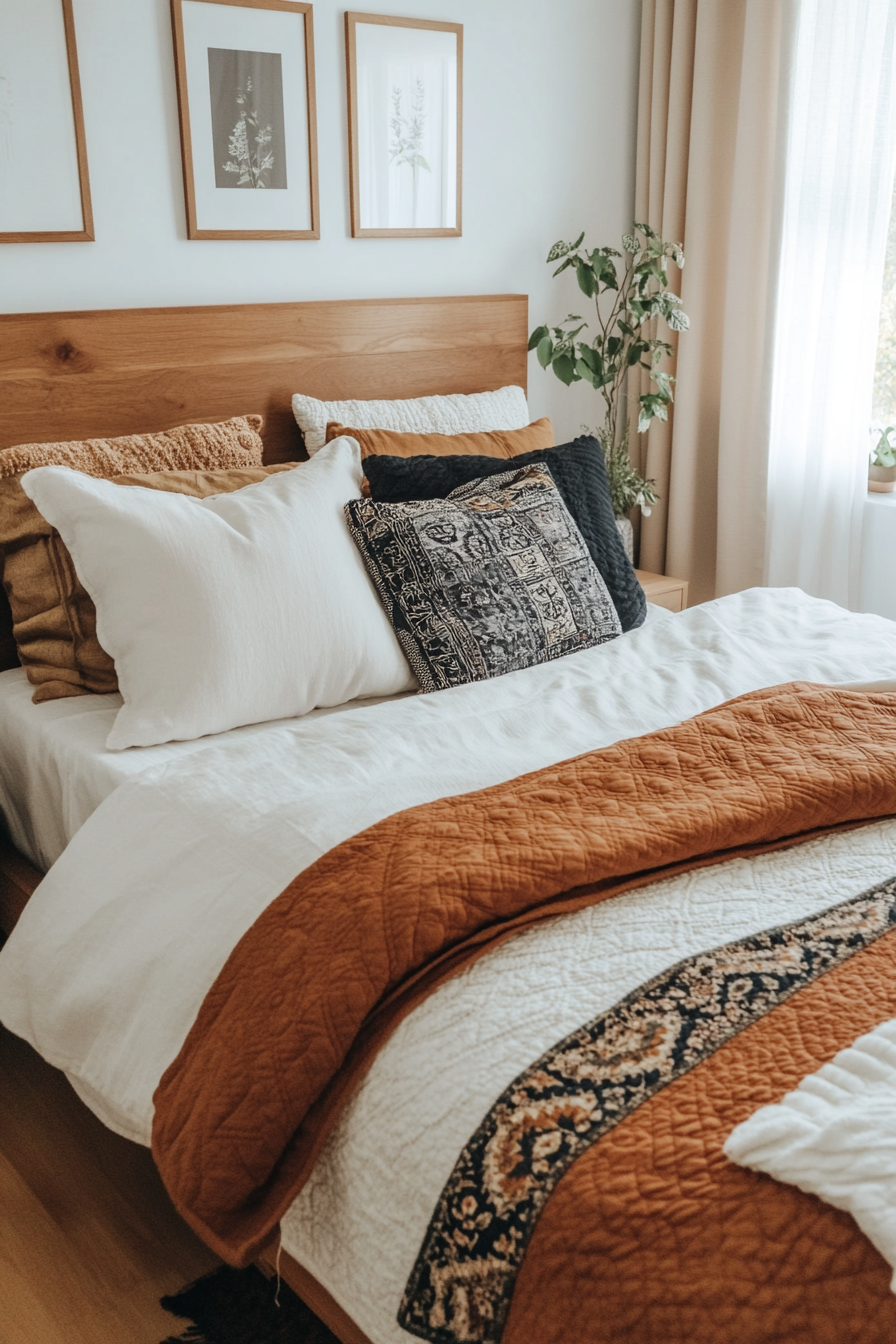 Layered vintage quilts in earthy tones on a bed in a boho farmhouse bedroom