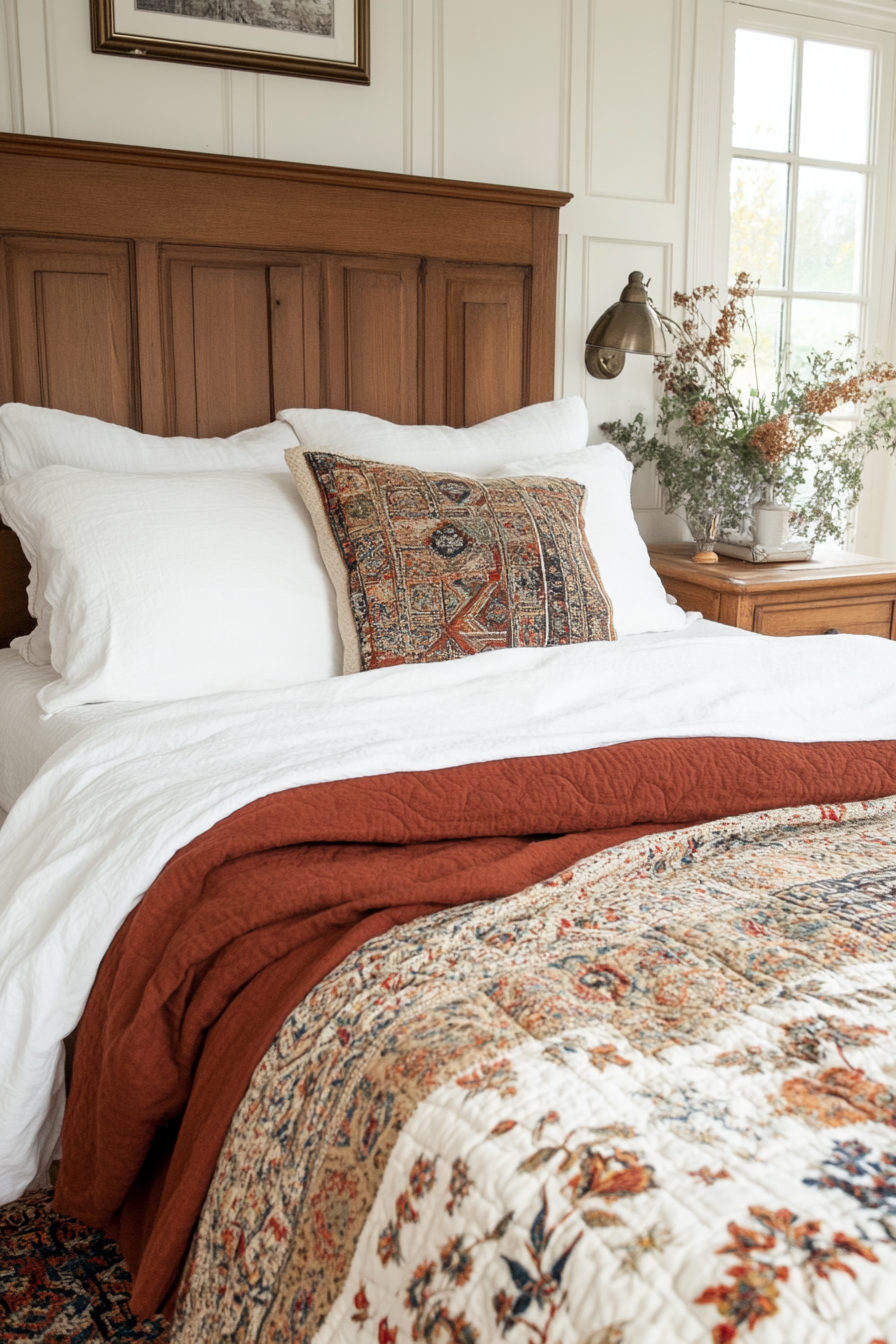 Close-up of layered vintage quilts in muted tones