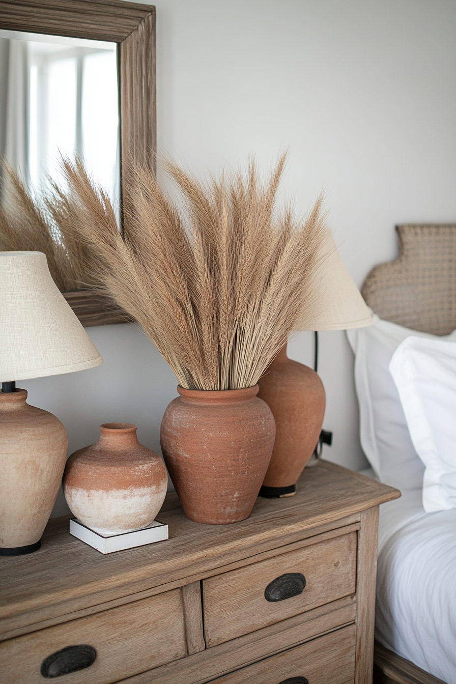 Clay pottery vases with pampas grass in a boho farmhouse bedroom