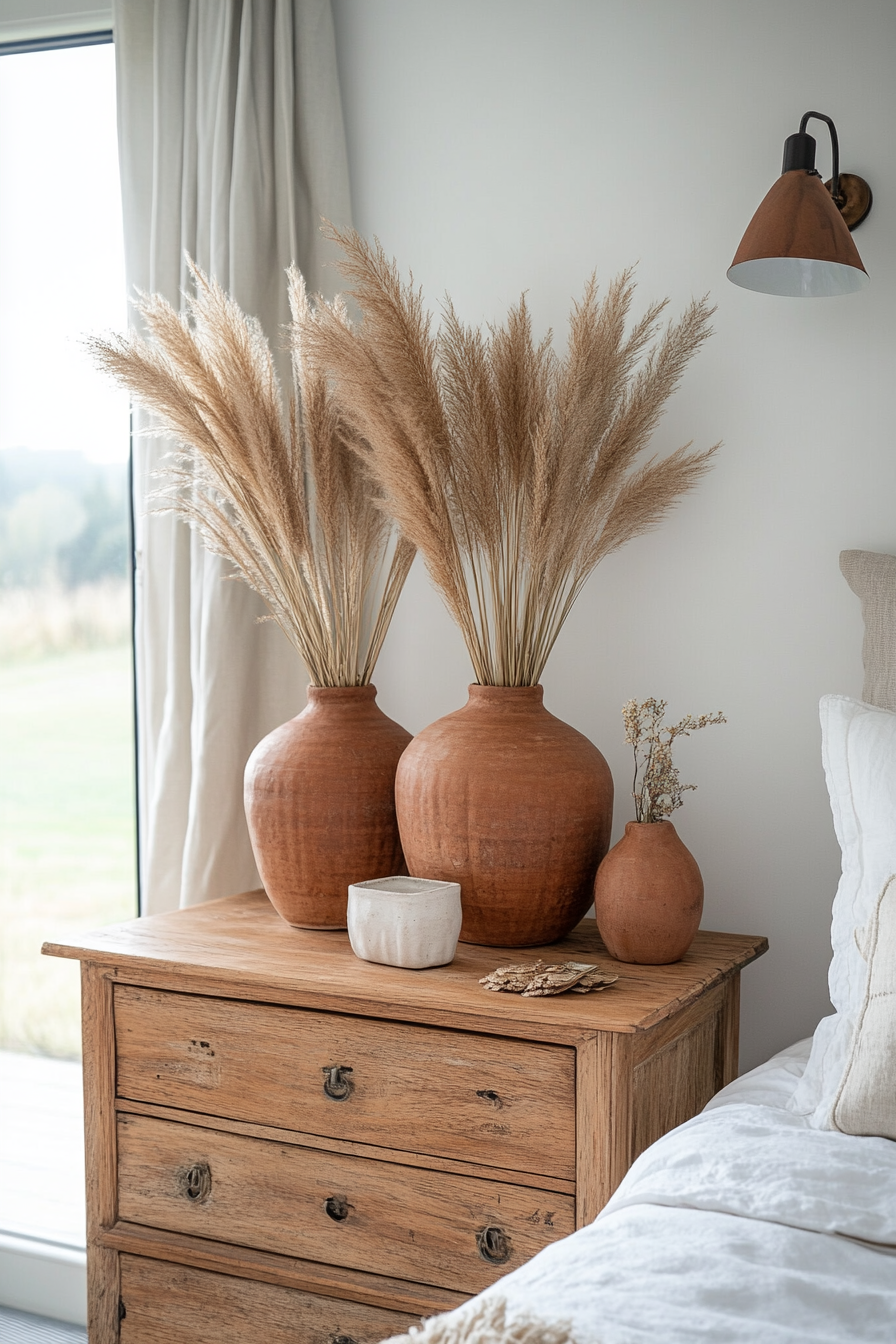 Close-up of clay vase with pampas grass on a wooden surface