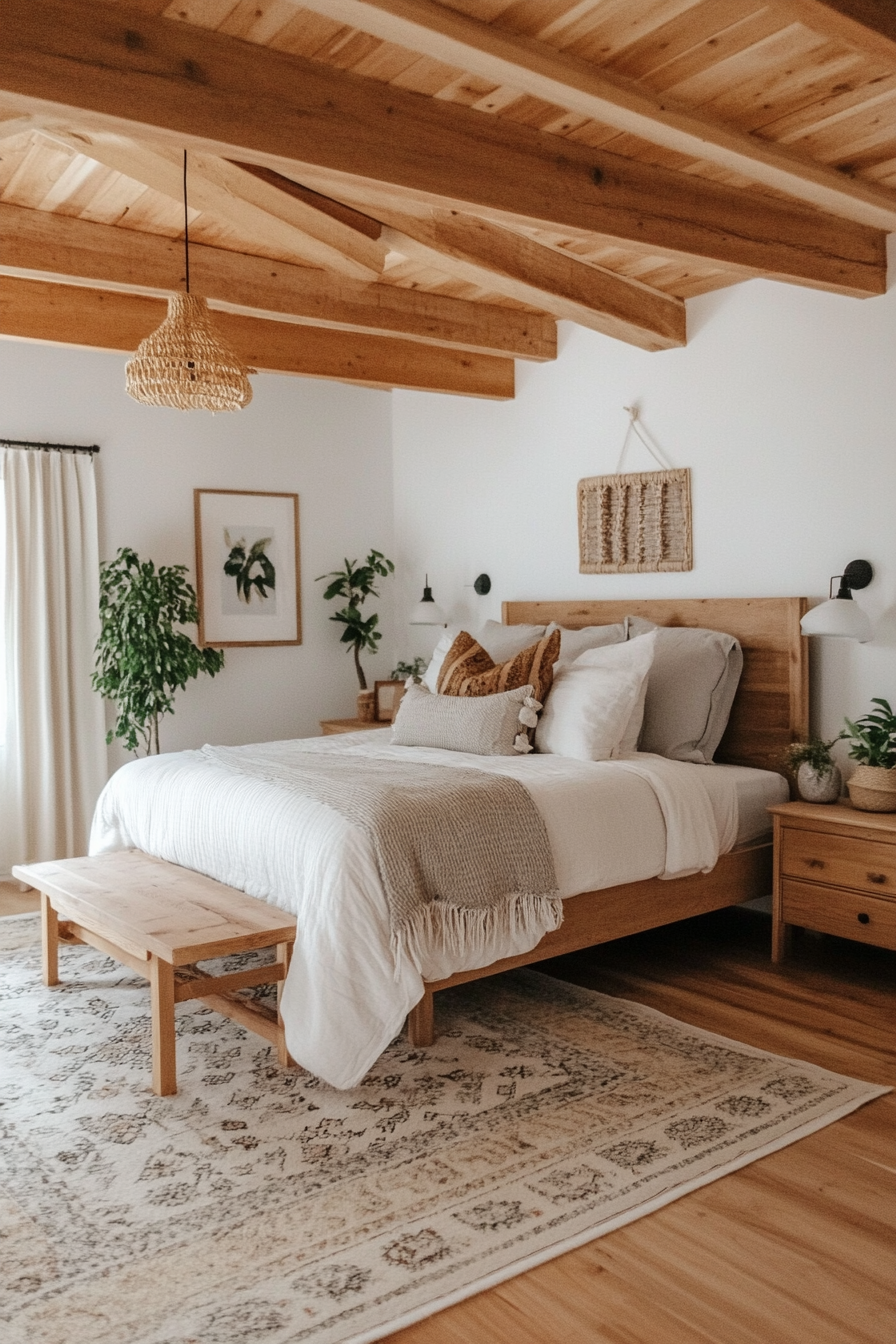 Natural wood beams on a white ceiling in a boho farmhouse bedroom