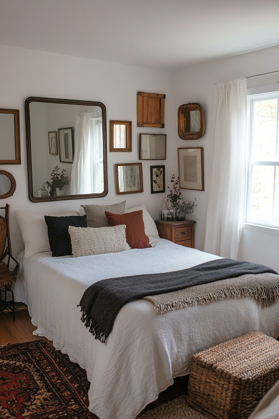 Close-up of vintage mirrors with varied frames on a wall