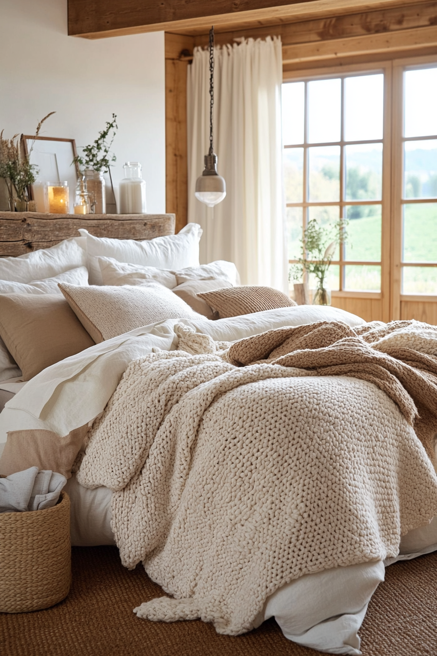 Chunky knit throw on a bed in a boho farmhouse bedroom