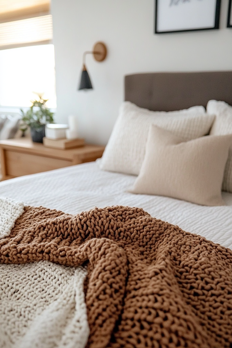 Close-up of chunky knit throw on bedding