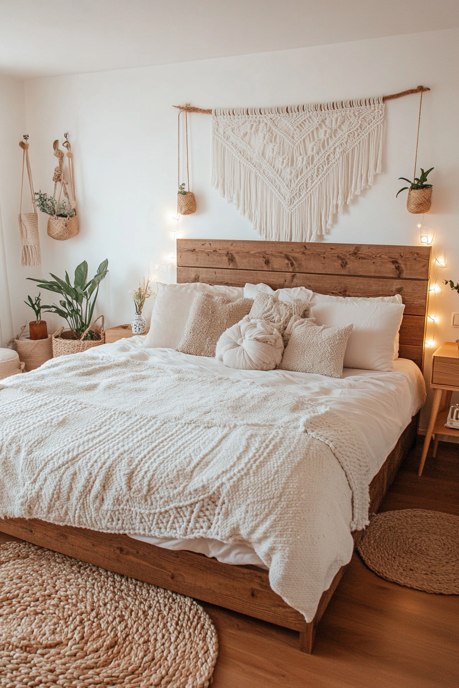 Close-up of macramé wall hanging with fairy lights