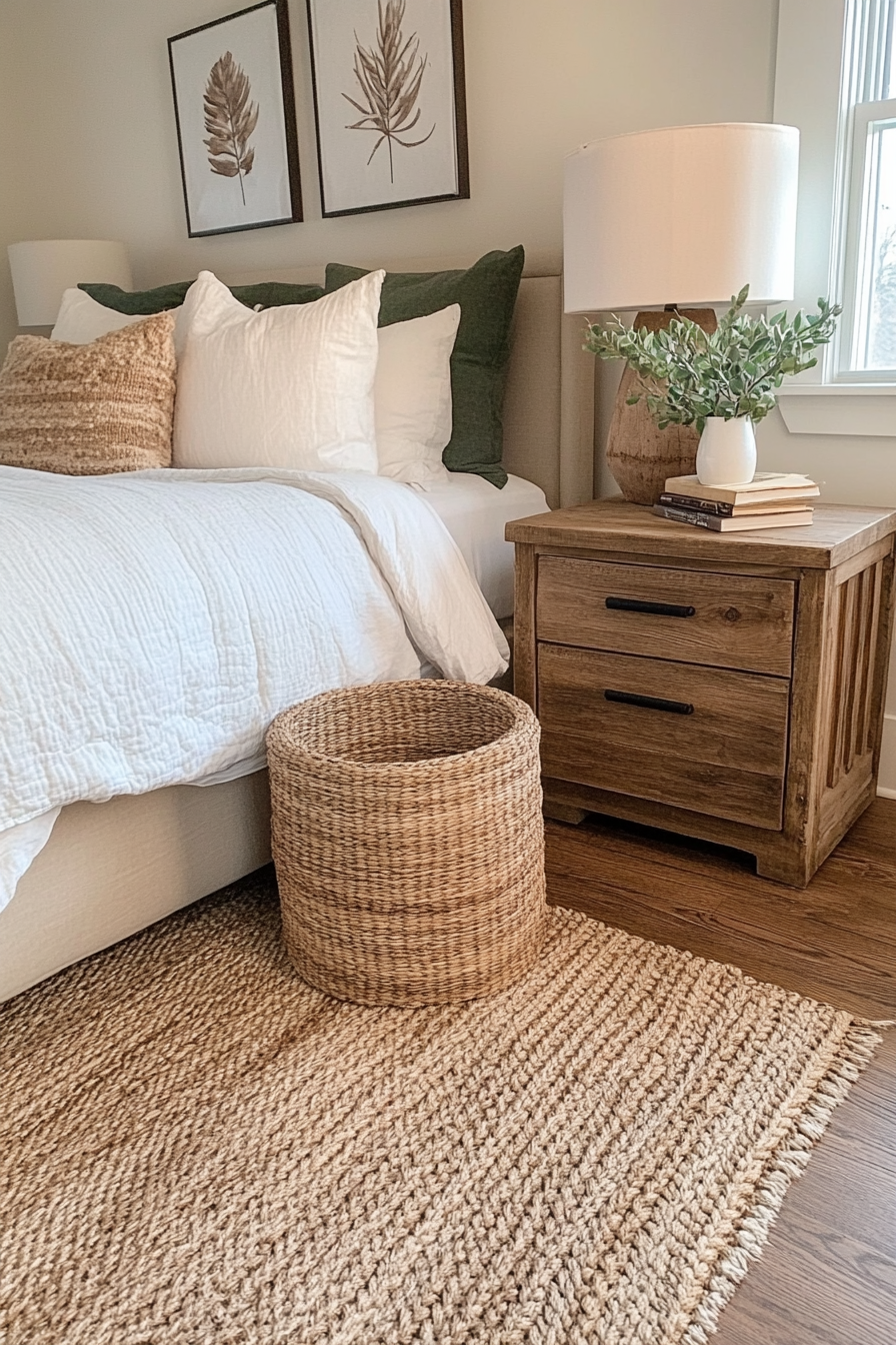 Woven rattan baskets used for bedside storage in a boho farmhouse bedroom