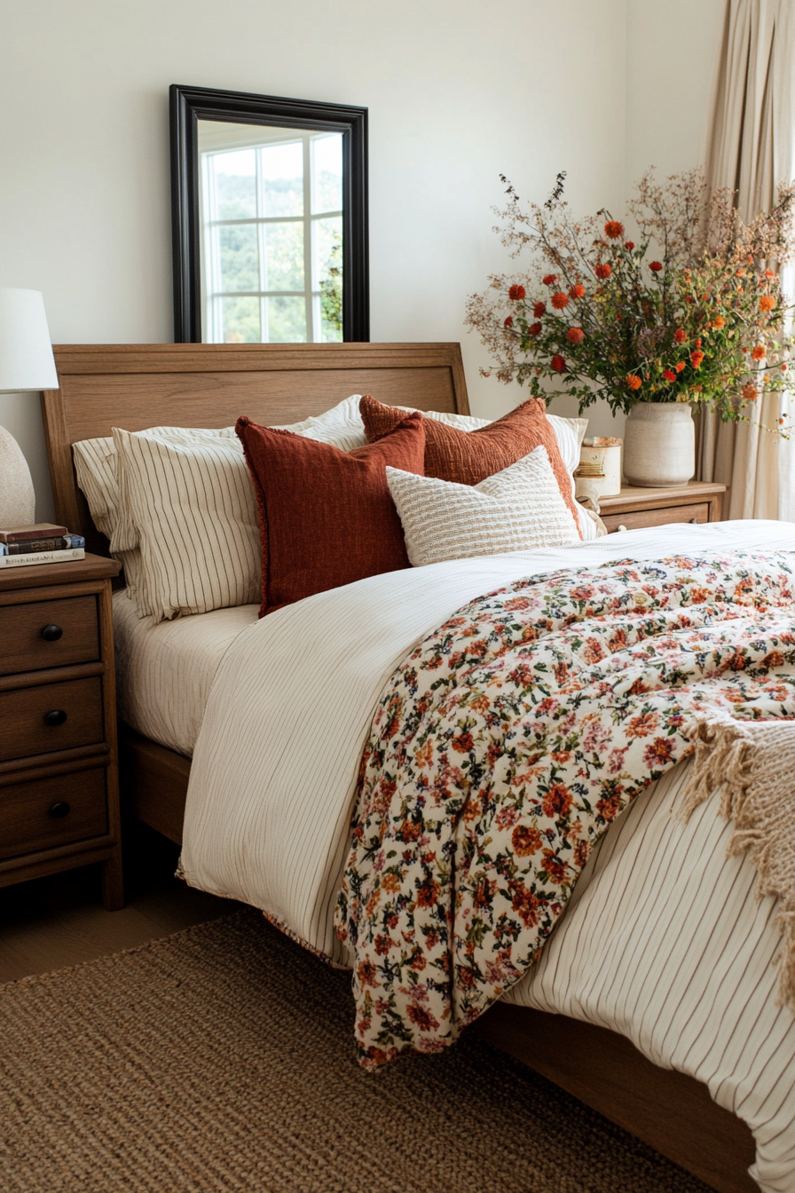 Mixed vintage floral and striped textiles in a boho farmhouse bedroom