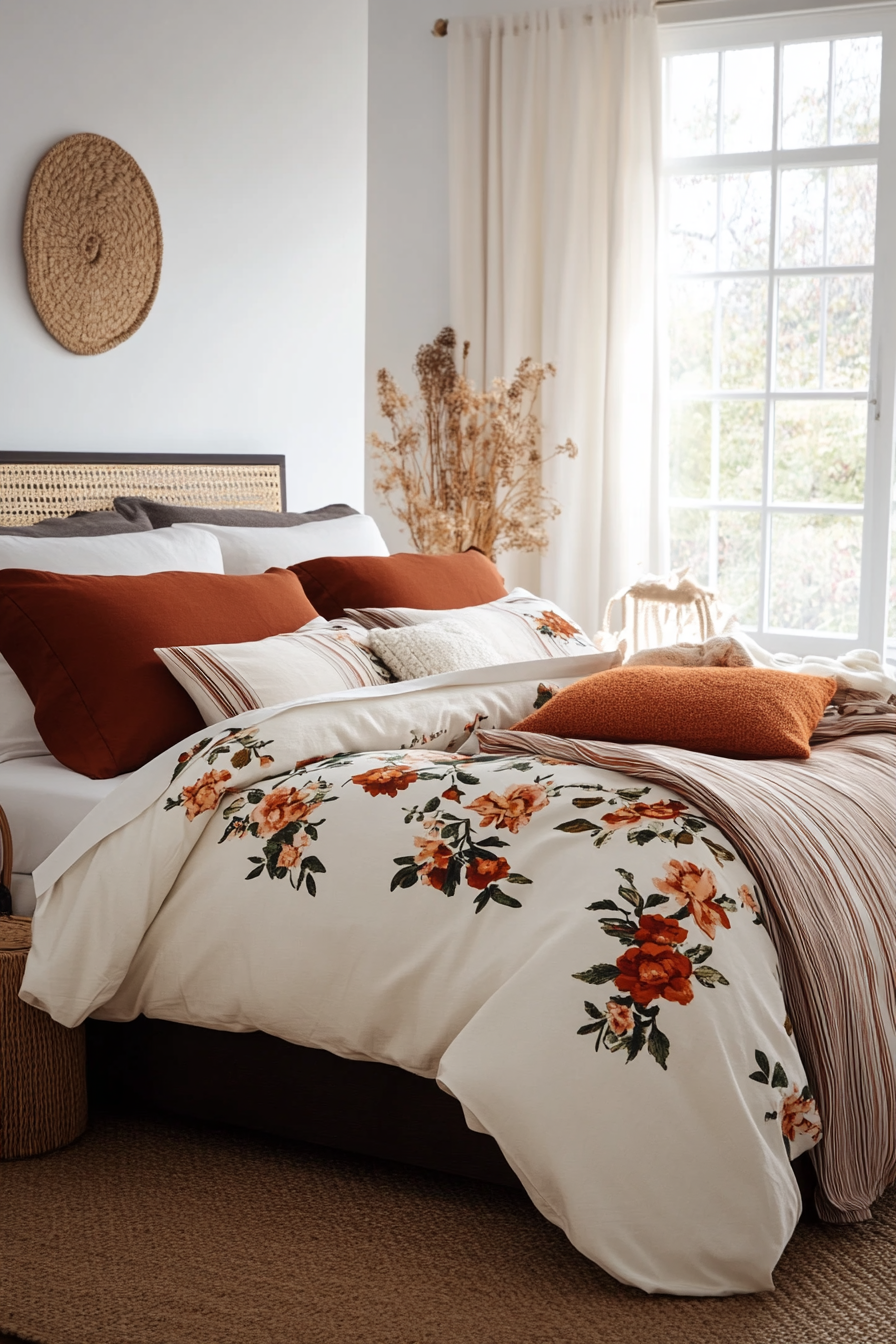 Close-up of floral and striped bedding in earthy tones