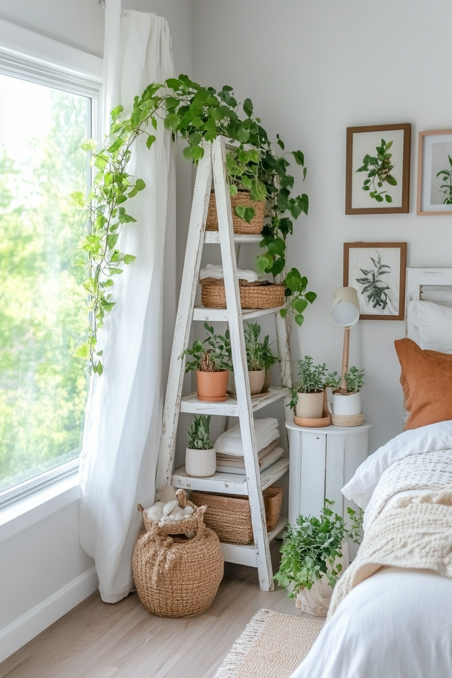 Distressed white wooden ladder as a plant stand in a boho farmhouse bedroom